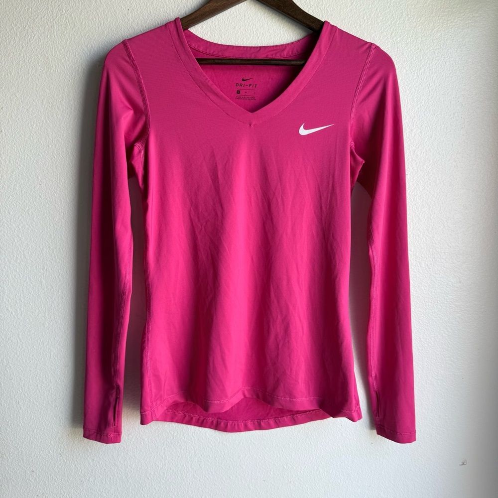 Nike Women's Hot Pink Dri-FIT Long Sleeve V-Neck Top